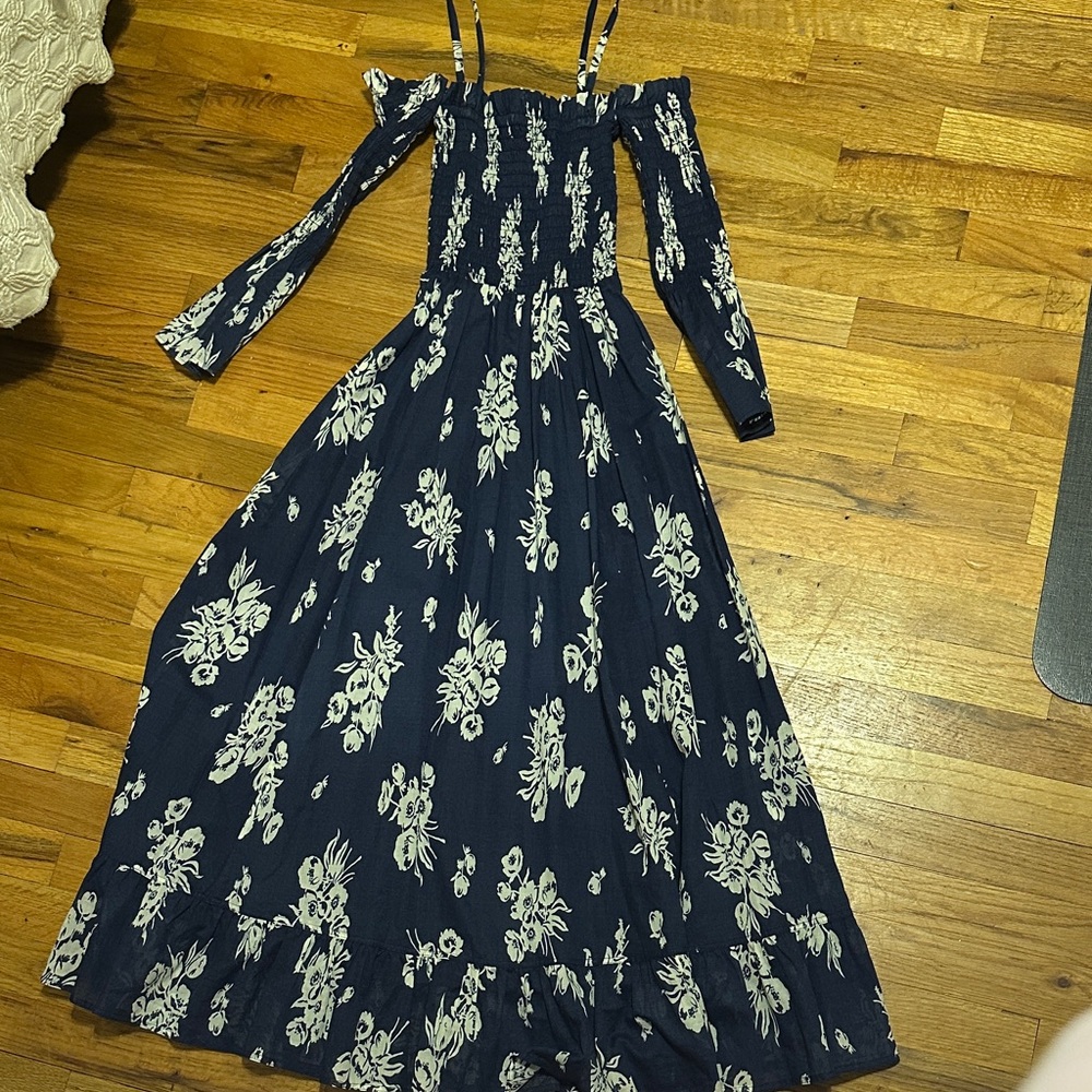 Polo Ralph Lauren Navy Blue and White Floral Off-Shoulder Dress
